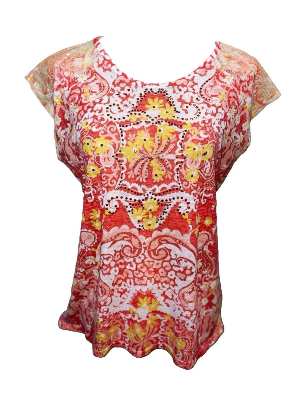 Cato Coral & Yellow Floral Paisley Lace and Sequined Short Sleeve Top Size M